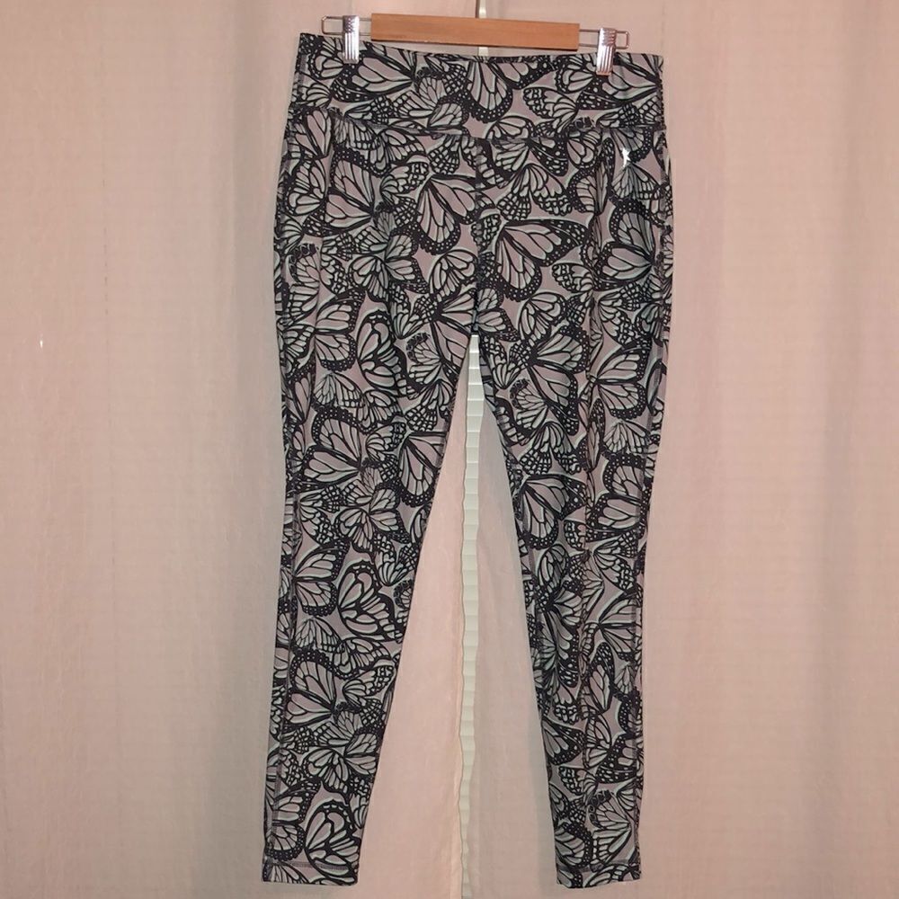 Danskin Now L Dri More Gray Teal Butterfly Athletic Active Leggings